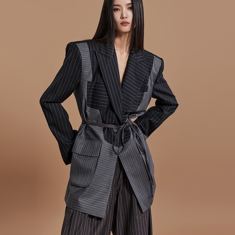 MBDJ024 ウール ストライプ ミックス パターン シングル ジャケット