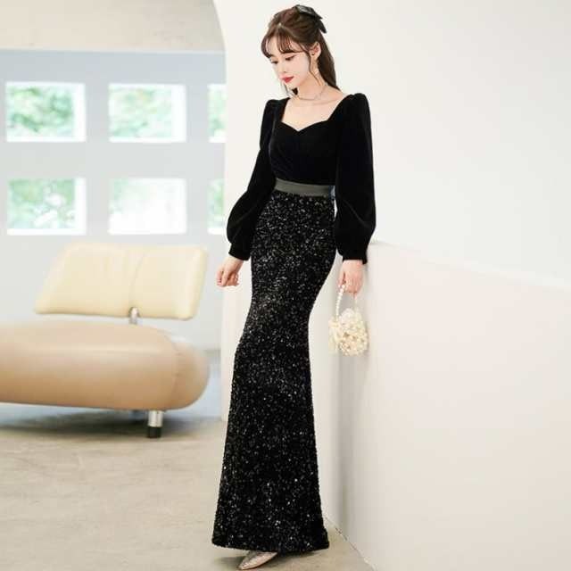 【2025新作入荷】黒イブニングドレス女性お洒落2024パーティー成人式気質高級感秋新品誕生日パーティーフィッシュテールワンピース