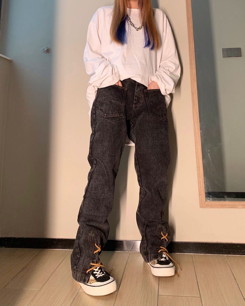 スリット ストラップ ジーンズ デザイン ボトムス パンツ Gパン ズボン デニムパンツ ロング 長袖 襟付き ワイド デニム ブルーデニム かわいい シンプル カジュアル おしゃれ レトロ こなれ感