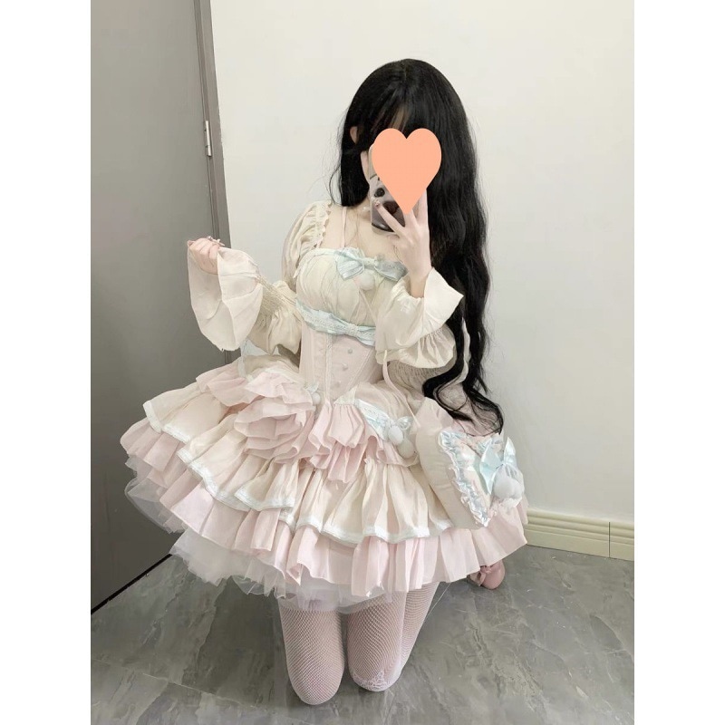 甘い年齢を軽減するロリータ プリンセス ドレス重工業のガーリッシュなリボンコントラストカラーのステッチウエスト女性用のファッショナブルなパフ スカート