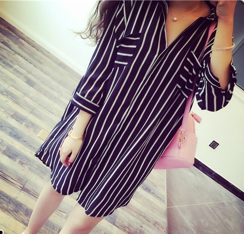 1734 . ストライプシャツワンピース（ブラック）2019 春夏 sale 秋 カジュアル 通学 通勤 女子会 普段使い カフェ ランチ 大人カジュアル