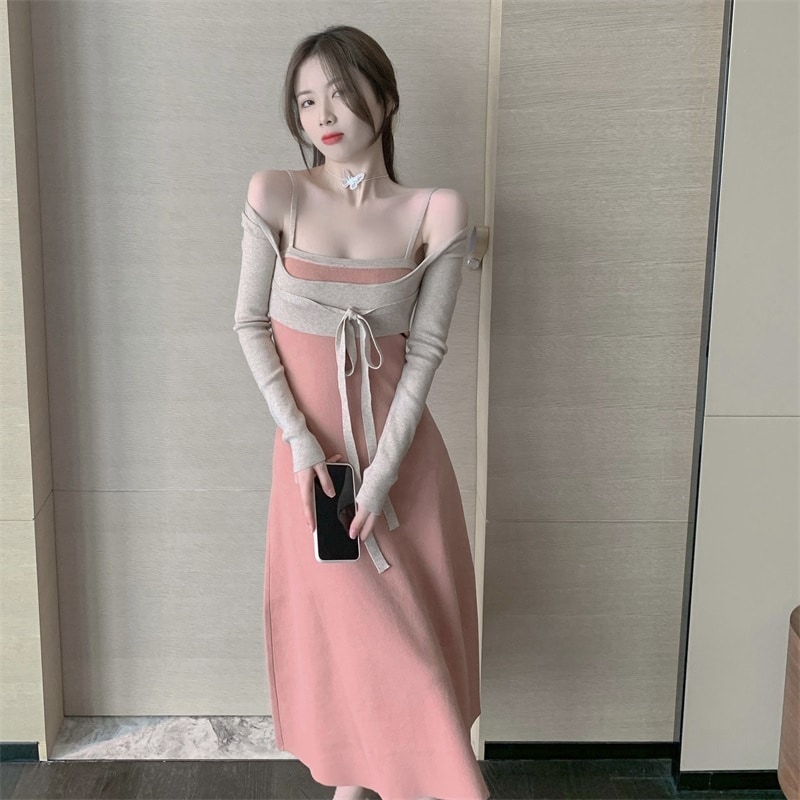 キャミワンピ 長袖ベスト付き ロング丈 レディース ボディコンシャス リボン アレンジ自在 ひざ下丈