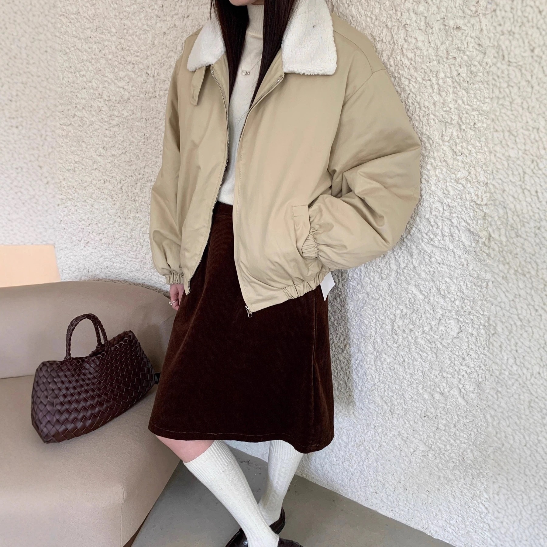 カジュアル中綿加厚配色ファーカラー ジャケットアウター レディース フェイクファー