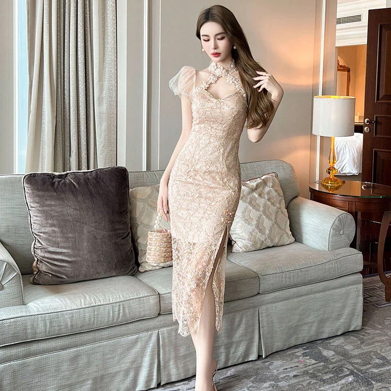 【JY.上品】 2025夏新品 中華風 チャイナドレス レース チュール ワンピース ドレス パーティー キャバ 大人 同窓会 披露宴 卒業式 結婚式 演奏会 ウェディング 二次会 メガ割