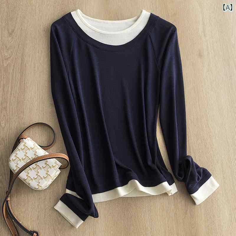 トップス レディース 上品 おしゃれ 通勤 オフィス カジュアル テンセル ウール フェイクセットアップ 重ね着風 ス 春秋 スリムフィット ラウンドネック Tシャツ