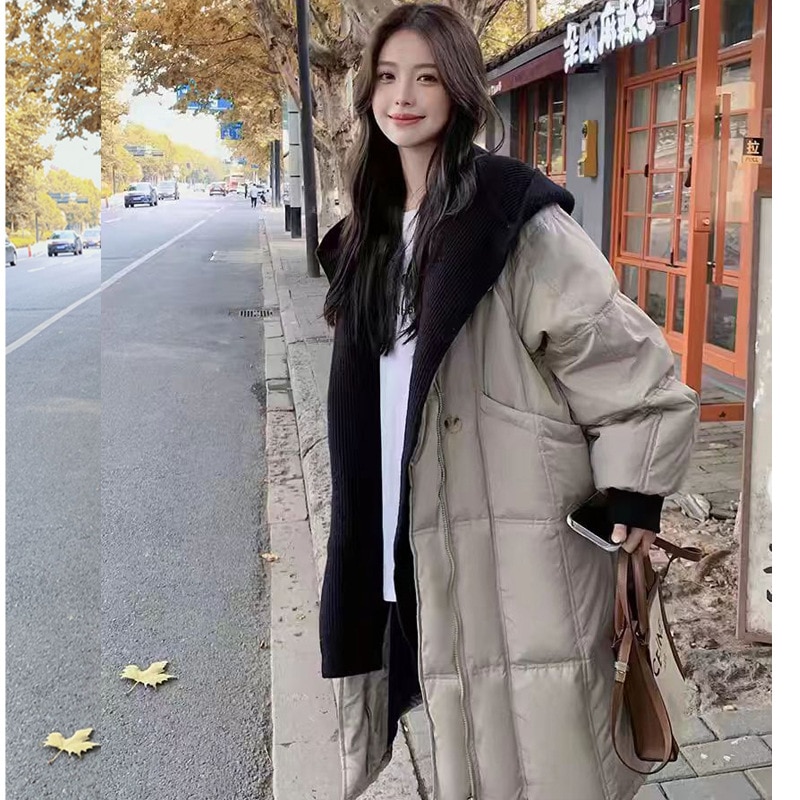 韓国スタイル中長ニットフード付きダウンジャケット女性のための 2024 冬の新しい肥厚緩い大きいサイズの綿のジャケット