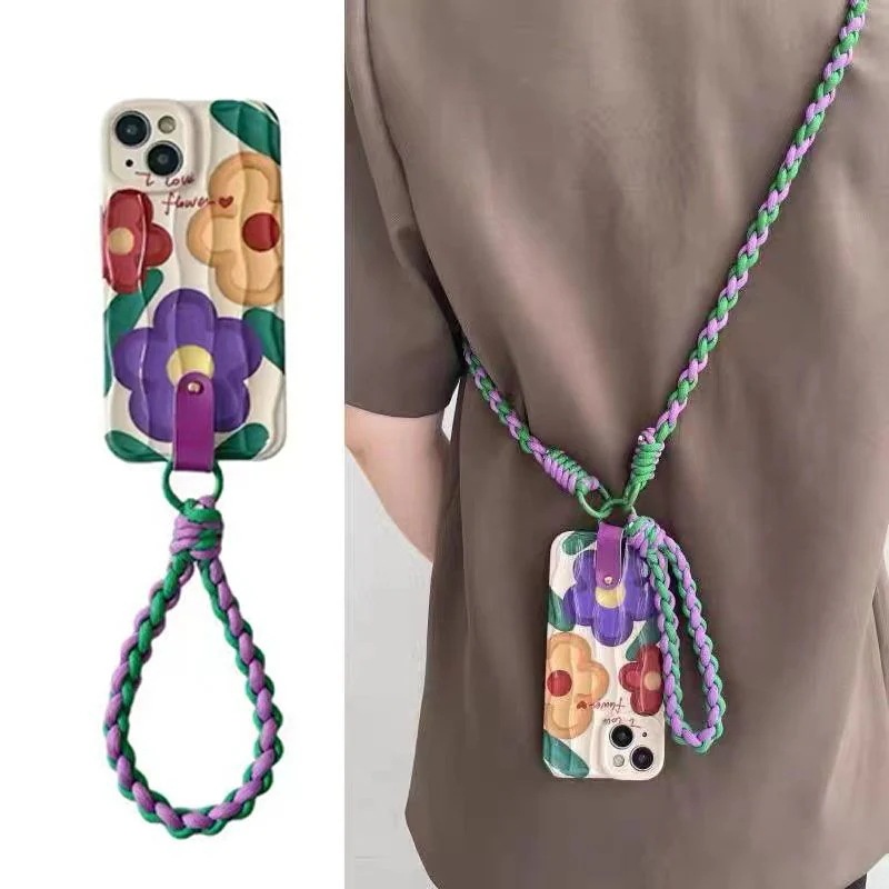 【1つ買うと10個もらえる】メガ割油絵 花 斜めストラップiPhone 15電話ケース アップル14携帯電話ケース13ハンドヘルド12フルパッケージ11落下防止 iphoneケース スマホケース ip