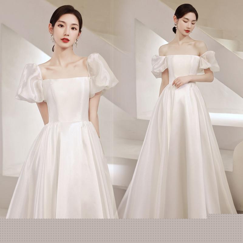 即納 ウェディングドレス ロングドレス Aラインドレス 半袖 二次会 結婚式 前撮り 花嫁 ウエディングドレス サテン フォーマルドレス カクテルドレス ブライダル