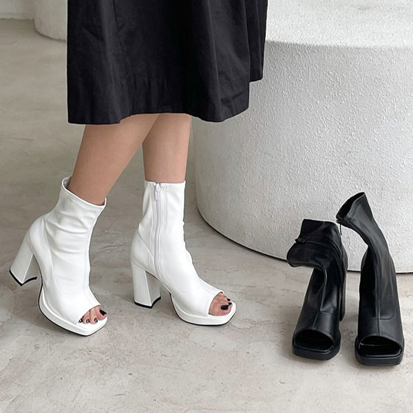 サマーブーツ ブーツサンダル サイドジップ オープントゥ 黒 白 ブラック ホワイト