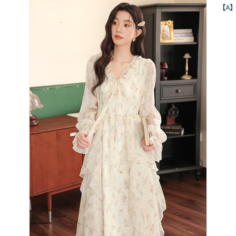 ワンピース ドレス レディース フランスの 花柄 長袖 ワンピース 女性用 春秋 2025 デート 優しい スタイル フェアリー ロング スカート 5,266円