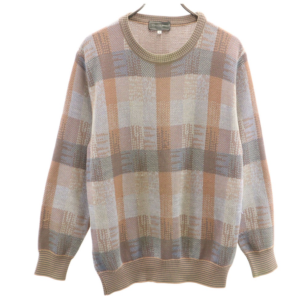 Christian Dior MONSIEUR クリスチャンディオール ムッシュ 90s オールド リネンブレンド 総柄 長袖 セーター M オレンジ メンズ 古着