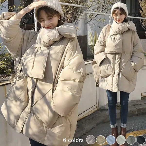 軽量 保温 アウター マフラー付きダウンコート ダウンジャケット ダウン＆フェザー 襟なし コート あったかアウター アウター カジュアル レディース 通勤 通学 防寒 可愛い 韓国ファッション