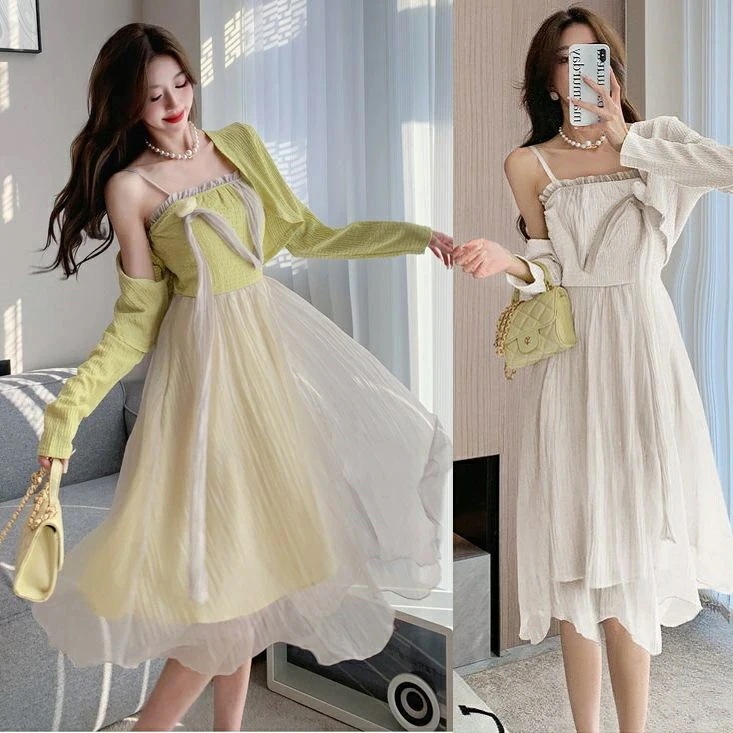 【急速出荷 2025年新作】上品 ワンピース キャミソール カーディガン お呼ばれ きれいめ コンサバティブ 韓国 フェミニン ガーリー レディース セットアップ 春 夏 秋 長袖 ロング丈 可愛い 4,573円