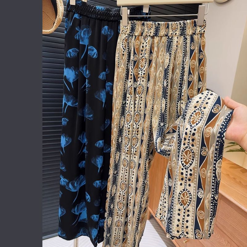 ボトムス パンツ レディース ルームウェア ロング ワイド ワイドレッグ ハイウエスト ウエストゴム 大人可愛い きれいめ シンプル カジュアル おしゃれ かっこいい レトロ アジアン エスニック