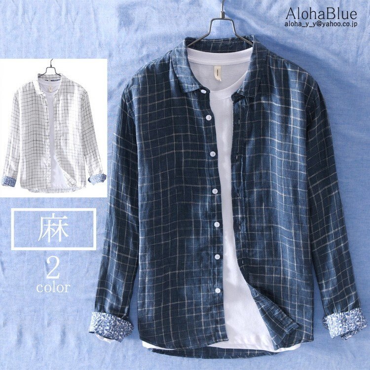 シャツ メンズ 綿麻シャツ リネンシャツ チェックシャツ カジュアルシャツ 麻シャツ 開襟シャツ ト