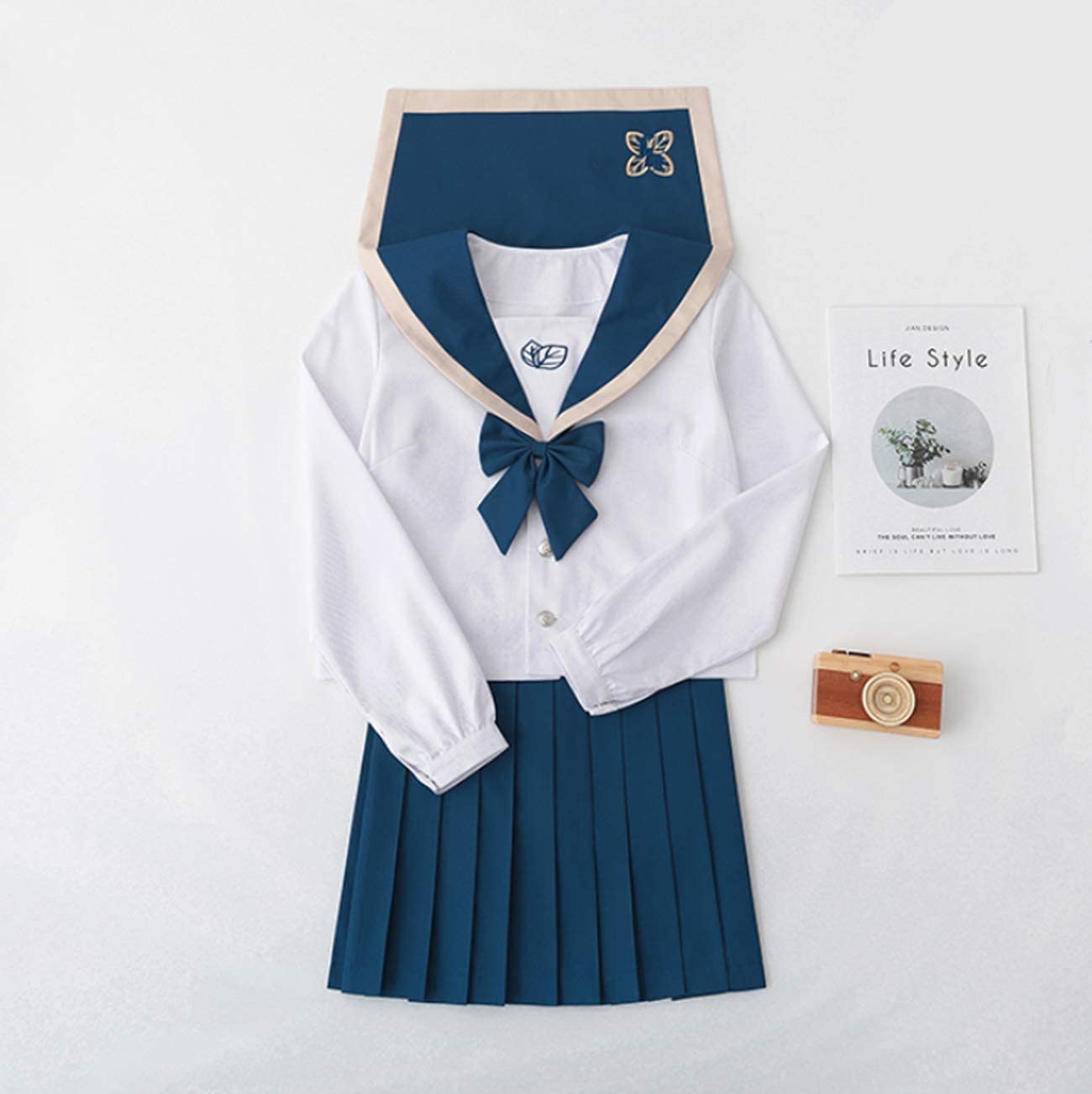 ブルーの襟ブルーの蝶結びホワイトセブルーのスカート長袖半袖制服コスプレット上着スカートネクタイ靴下 7,556円