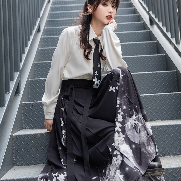 売れ 妖精画：浮絵シャツ明製中丈馬面スカート改良韓服女装秋ファッション ワンピースシャツ 8067 ワンピーススカート 8067 セット【