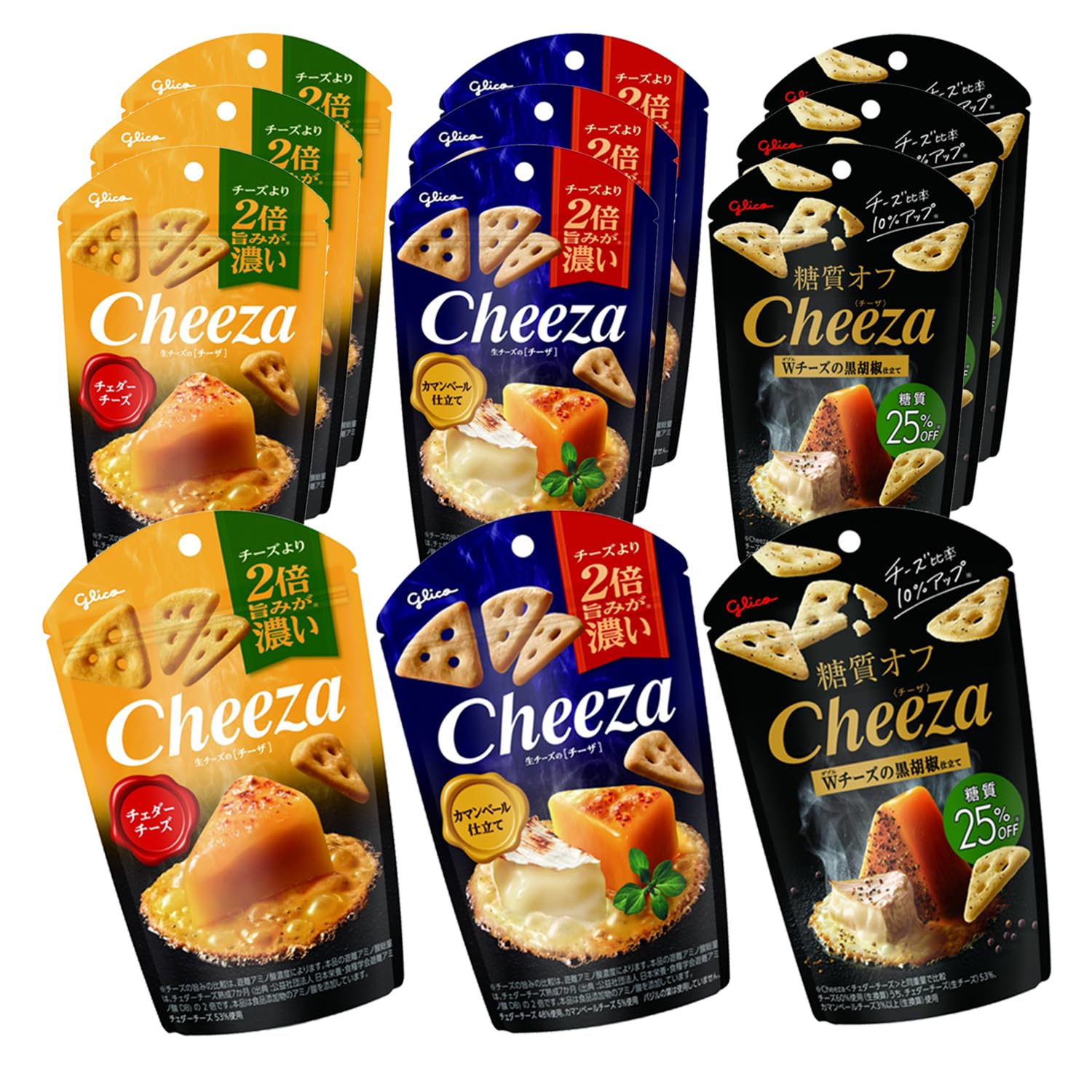 チーザ アソートセット 3種12袋 (カマンベール仕立て・チェダーチーズ・ダブルチーズの黒胡椒仕立て) 江崎グリコ おつまみスナック 生チーズ cheeza