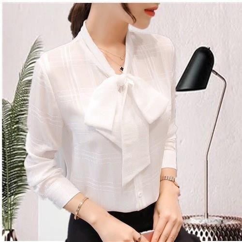 2446.チェック柄リボンブラウス（ホワイト）2019 春夏秋 フォーマル オフィスカジュアル
