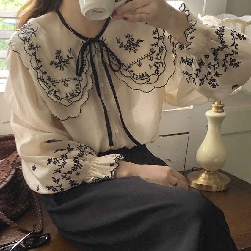 刺繍長袖ブラウス ワイドカラー ビッグカラー 透け感 シースルー リボンタイ 韓国 レディース オルチャン クリーム 長袖 ボリューム袖 パフスリーブ フリル袖 Vネック 襟付き 角襟