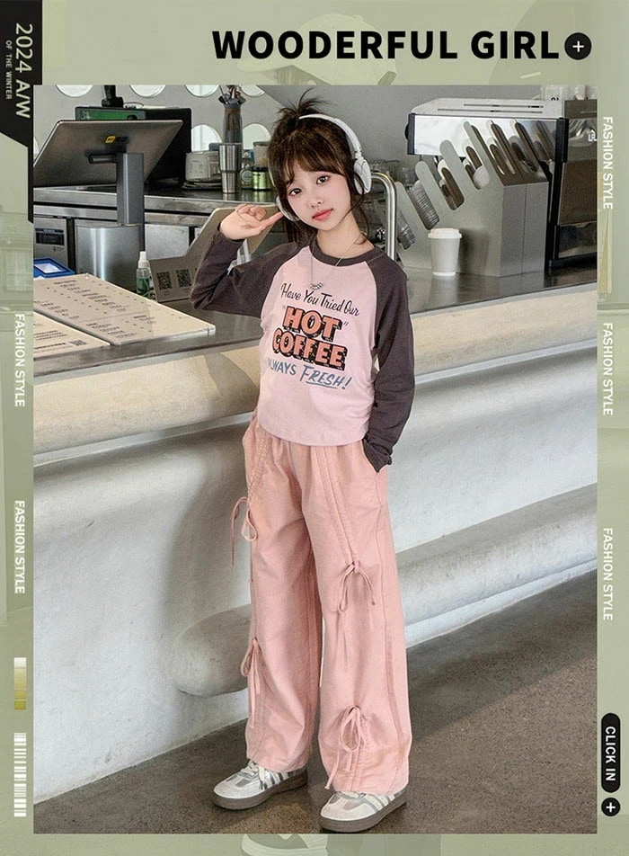 子供服 セットアップ 女の子 韓国風 キッズ ファッション 上下 2点セット 長袖 クルーネック 英字 プリン ポケット おしゃれ カジュアル ゆったり