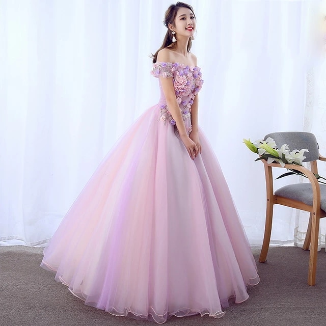 高品質保証パープルピンク ドレス 20代 パーティードレス オフショルダー イブニングドレス Aライン ロング丈 演奏会ドレス 編み上げ 発表会ドレス フラワー オシャレ 成人式ドレス ロングドレス