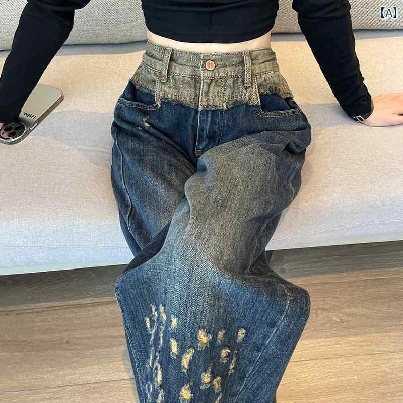 デニムパンツ レディース ダメージ ジーンズ クラッシュ ボトムス 秋冬 レトロ ワイド ハイウエスト スリム ストレート ブルー