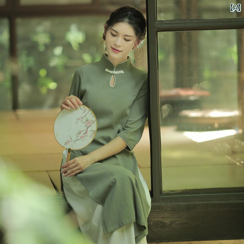 アオザイ チャイナドレス 夏 レディース ワンピース ベトナム エスニック ハイスリット グリーン