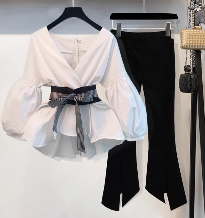 レディース トップス パンツ ボトムス シャツ ブラウス アンクル丈 ボリューム袖 バルーン袖 Vネック 裾ワイド ブーツカット フェミニン タック リボン ウエストマーク ウエストリボン スリット