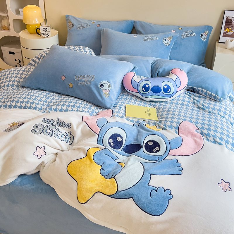 漫画スティッチ牛乳ベルベットベッド4点セット秋冬厚いベッド用品サンゴベルベット布団シーツ