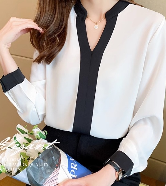 レディース トップス ブラウス バイピング 長袖 Vネック スリム 細身 ストレート 薄手 かわいい シンプル カジュアル フォーマル とろみ感 ラブリー 都会的 無地 春 オフィス ビジネス OL