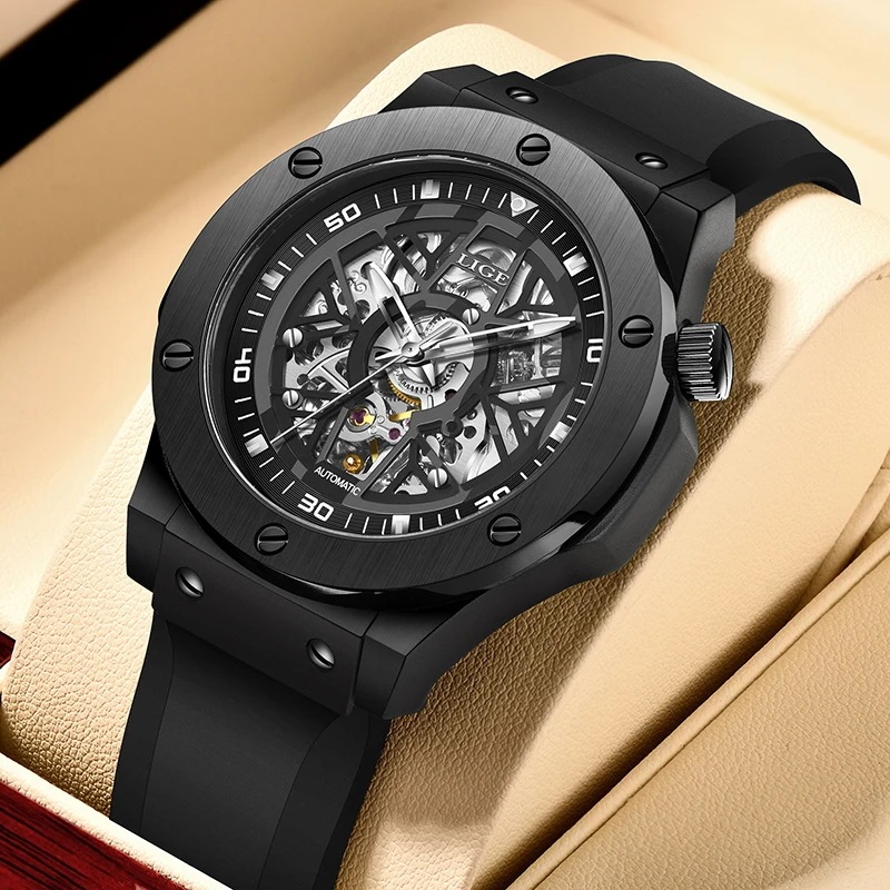 Lige-メンズ防水機械式時計,自動腕時計,シリコン,高級ブランド,カジュアル,ボックス