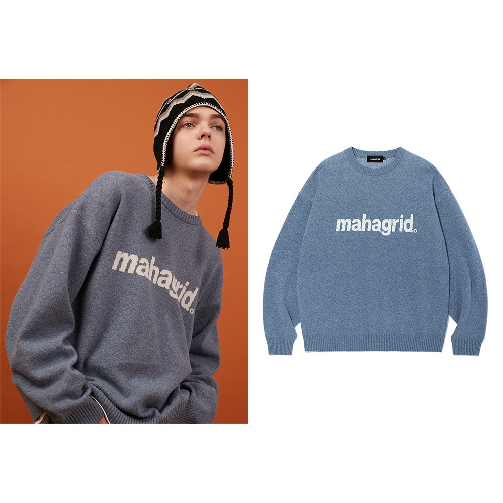 StrayKids着用/ベーシックロゴニットセーター_blue/大学生ファッション 韓国の人気ブランド 新商品 トップス男女兼用