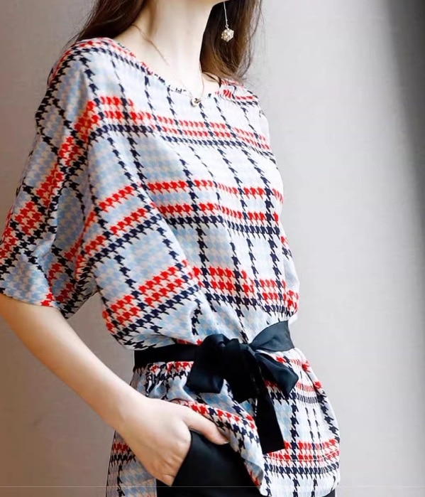 レディース トップス ブラウス プルオーバー 半袖 5分袖 Uネック ベルト ウエストマーク ウエストリボン かわいい 大人可愛い きれいめ シンプル 上品 おしゃれ かっこいい チェック 夏