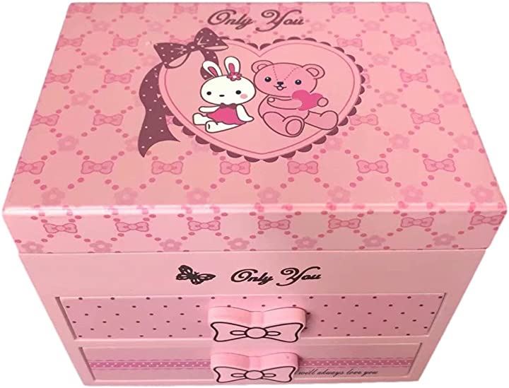 木製 子供用 オルゴール付 アクセサリー ケース ジュエリー ボックス 女の子 鏡付き おもちゃ箱 アクセサリー付き(クマウサギ アクセサリー付き)