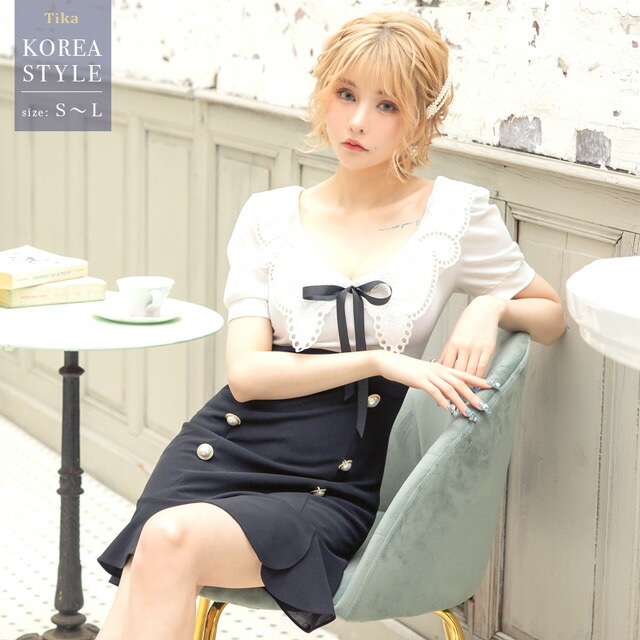 キャバドレス 袖あり 半袖 刺繍 レース 膝丈 フレア リボン フリル aライン 大きいサイズ ミニドレス ホワイト ブラック 白 黒 キャバ ドレス ミニ ワンピース ミニワンピース 可愛い セク