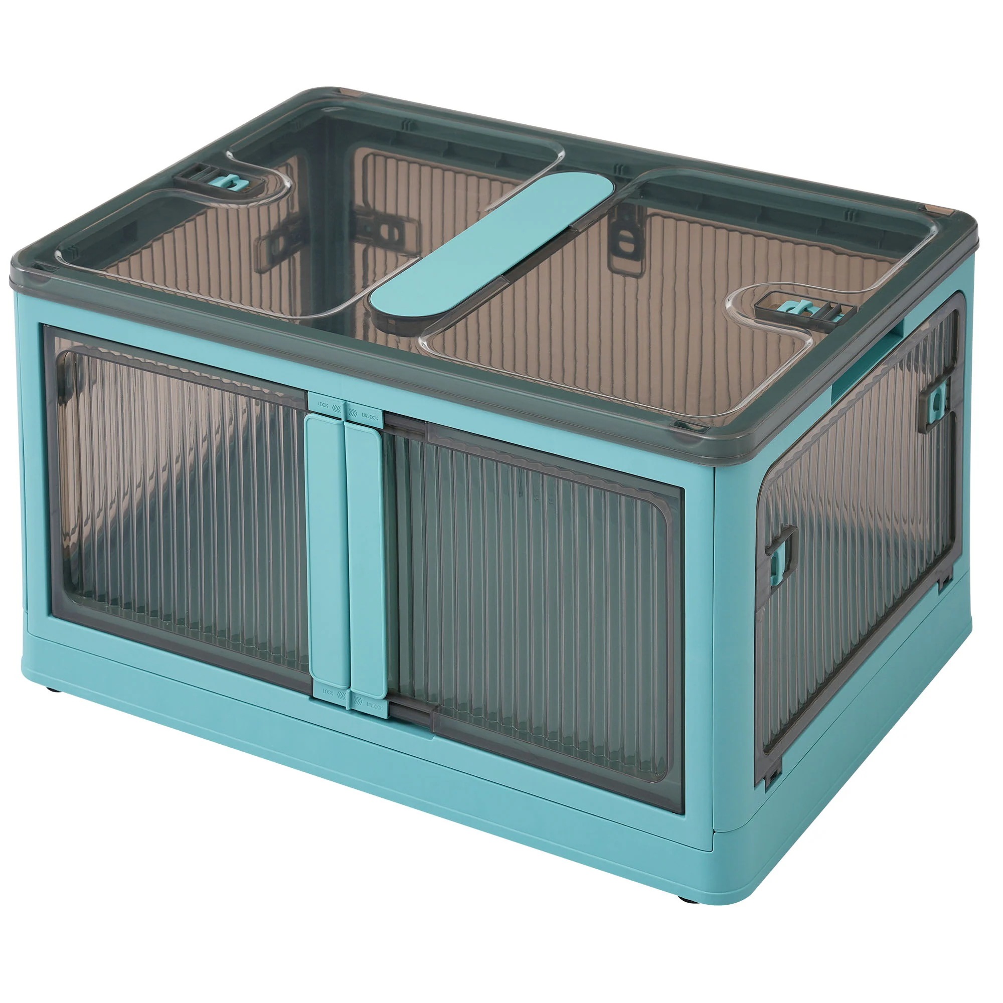 【大好評！最安値挑戦!】収納ボックス 収納ケース 折りたたみ ５面開き 積み重ね 蓋付き 扉付き ブルー 1個セット Blue Plastic 5,462円