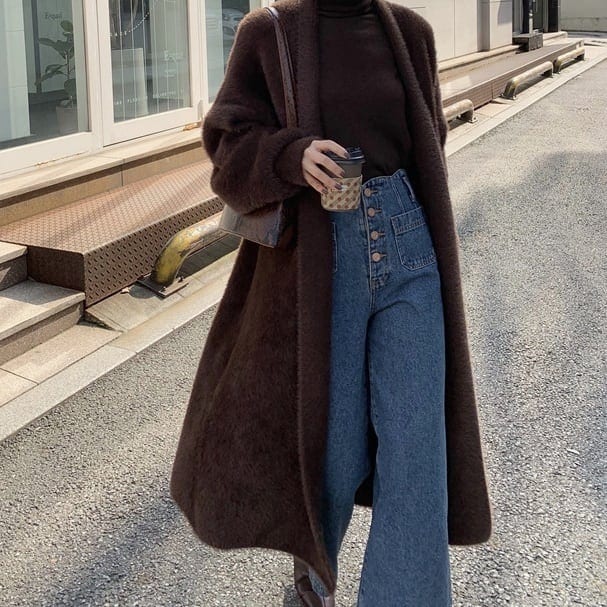 アウター 上着 カーディガン コーディガン シャギーニット 起毛 フワフワ オーバーサイズ 膝下丈 ミモレ丈 ロング丈 無地 ボタンレス ドロップショルダー 体型カバー 肌見せ 可愛い