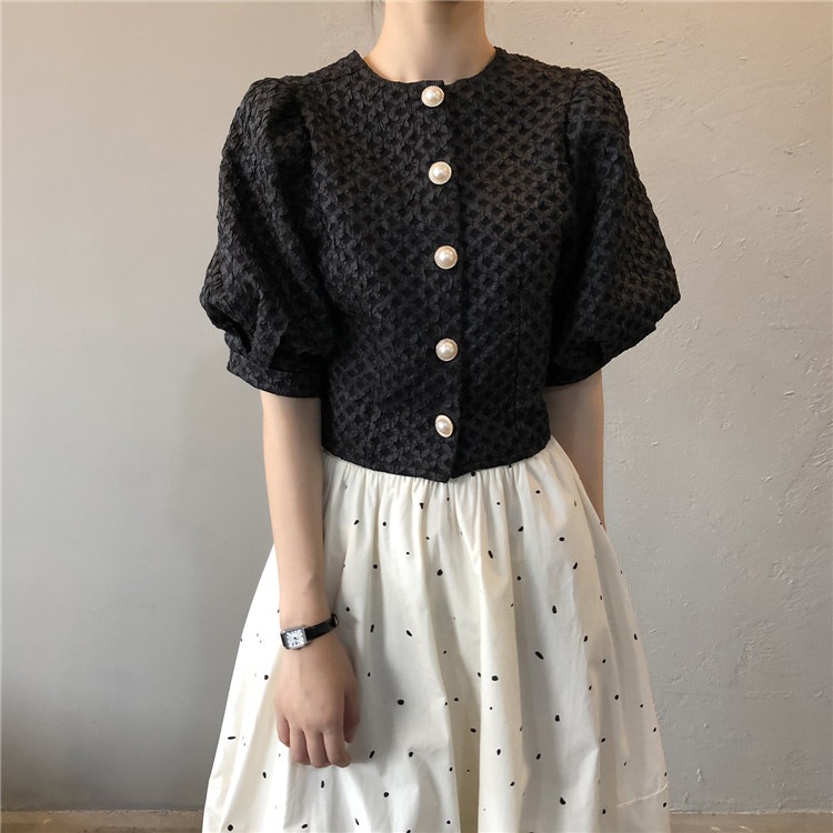 パールボタン 半袖 トップス パフスリーブ ショート丈 レディース 気質 フレンチ レトロ ママファッション 体系カバー 4,814円