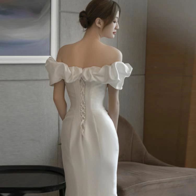 再入荷商品パーティードレス 海外 ワンピース マーメイドライン ウェディングドレス 結婚式 挙式 ウエディング トレーン付きドレス 白 ホワイト 海外 フィッシュテール オフショルダー パフスリーブ 6,719円