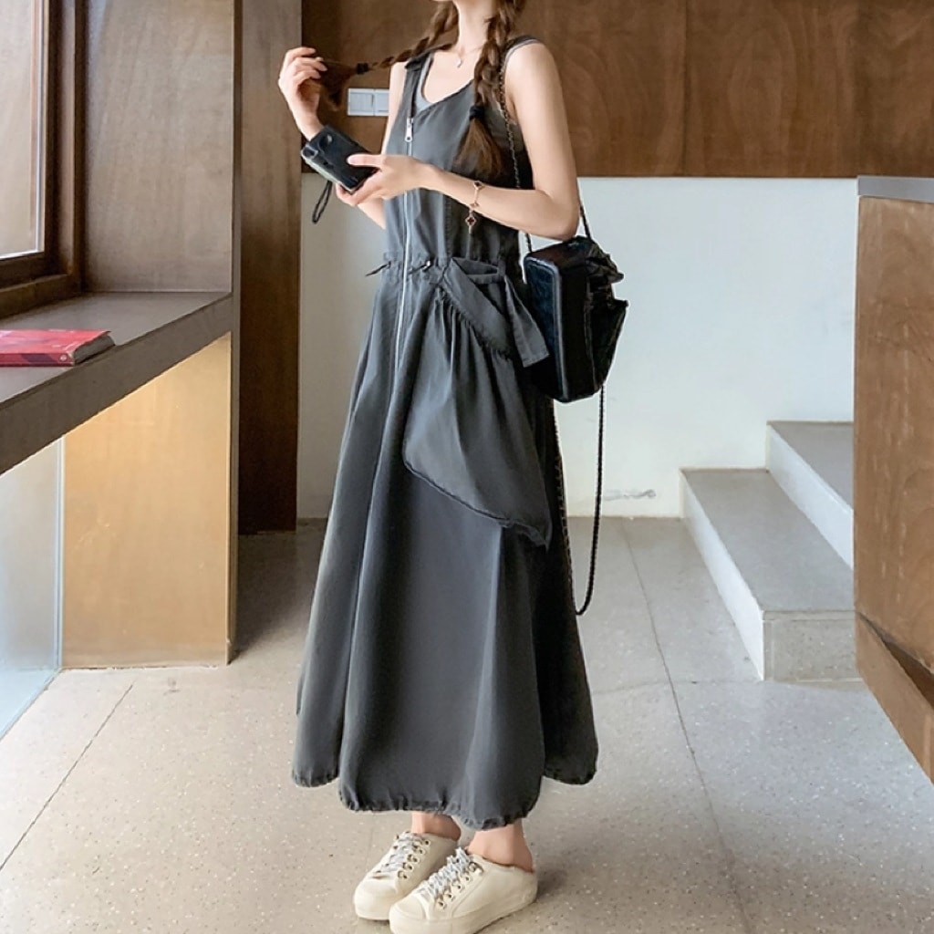 レディース ワンピース ミディアム ジャンパースカート 袖なし ノースリーブ Vネック ワイド ウエストマーク ファスナー ポケット ドロスト ジッパー かわいい 大人可愛い カジュアル おしゃれ