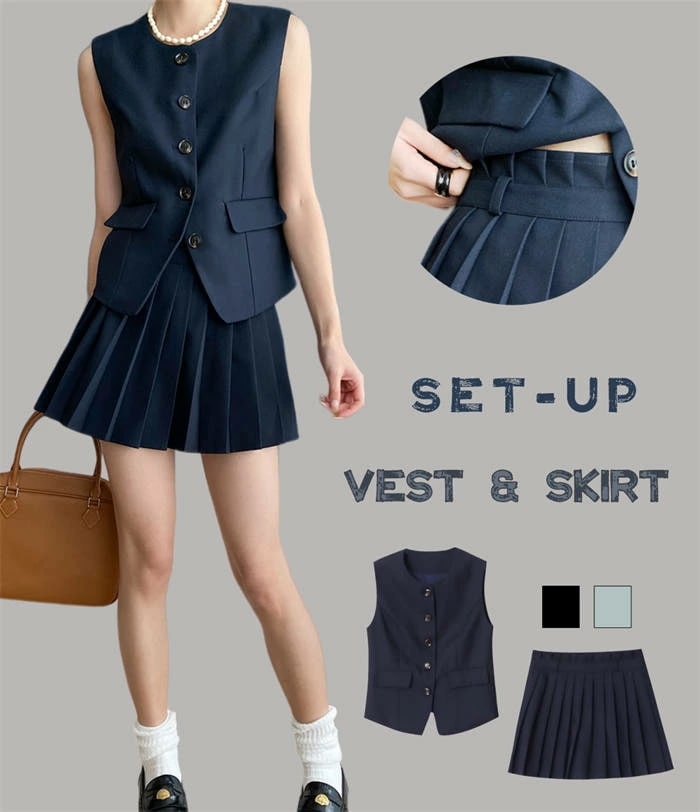 2点セット レディース テーラードベスト スーツベスト ノースリーブ トップス ミニスカート 裏地付き プリーツスカート セットアップ 上下セット スカートスーツ スーツセット おしゃれ 20代 30