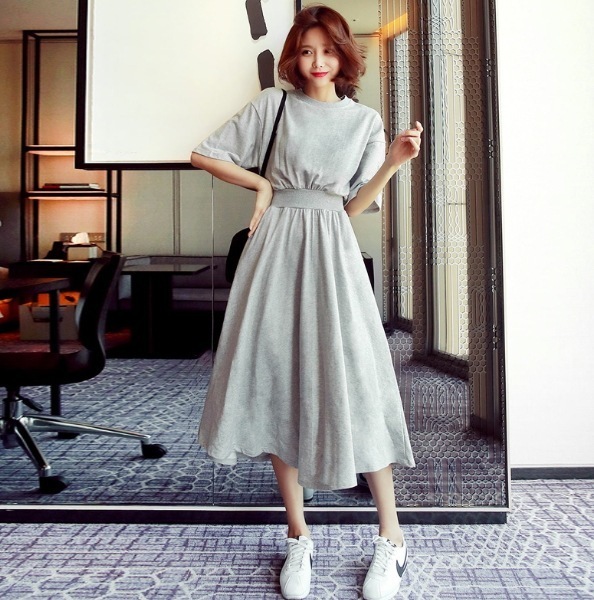 ワンピース カットソー Tシャツワンピース ロング丈 クルーネック デザイン シアー ギャザー 美ライン ニュアンス ウエストマーク 伸縮性 カラバリ リラックス かわいい 大人可愛い きれいめ