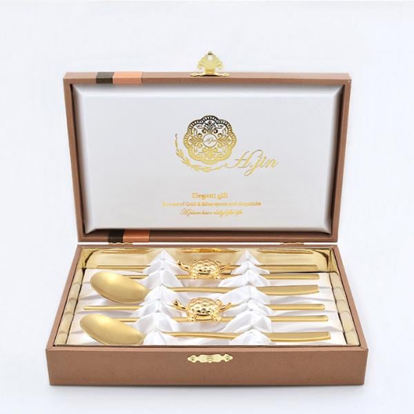 H.JIN 百寿百福 亀 ゴールドチタン 箸スプーンペアセット 亀 カトラリーセット カメ 送料無料 高級 韓国食器 スジョ 韓国製 箸 スプーン プレゼント 還暦