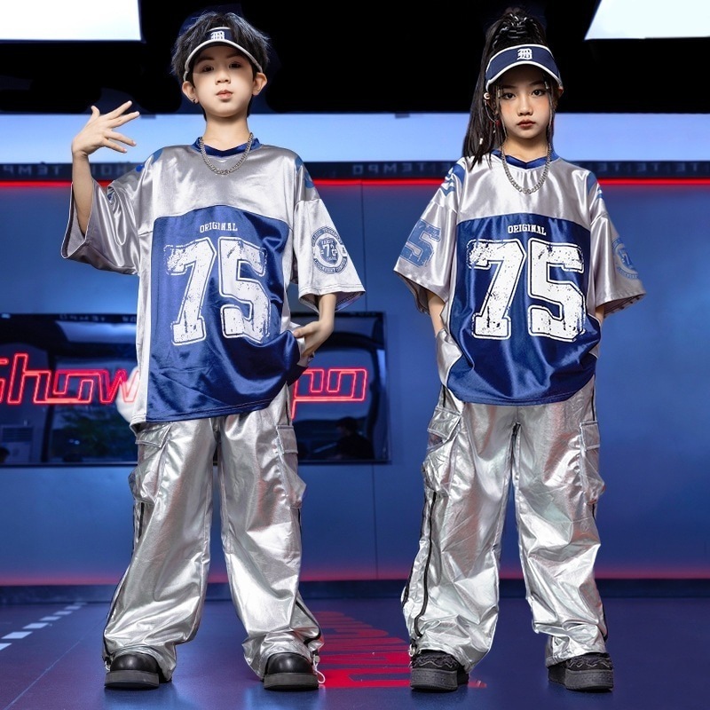 ヒップホップ子供用服男の子ヒップホップ子供服シャツ明るいレザースーツ女の子パフォーマンス服夏子供用パフォーマンス服