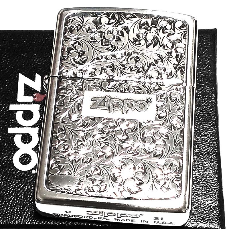 ZIPPO ライター 唐草 ZIPPOロゴ ジッポ シルバーイブシ 彫刻 ツートーン鍍金 おしゃれ プレート貼り 銀 高級 かっこいい メンズ ギフト プレゼント