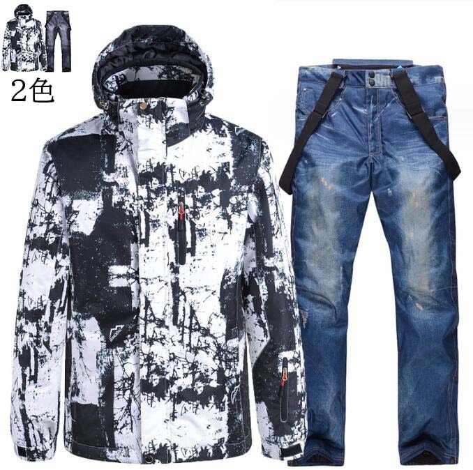 【即納】スノーボードウェア メンズ スキーウェア 人気 上下セット 防水防風 防寒 暖かい 2点セット ジャケット デニム風 パンツ サスペンダー セットアップ お洒落 ボードウェア スノボウェア ス