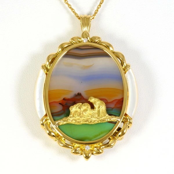 K18 18金 YG ネックレス ブローチ アゲート シェル ダイヤ カード鑑別書 中古