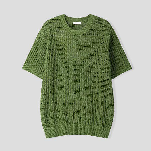 メンズ コルク スカシ ラウンド 半袖 ニットTシャツ AS-KNH-Q015-グリーン