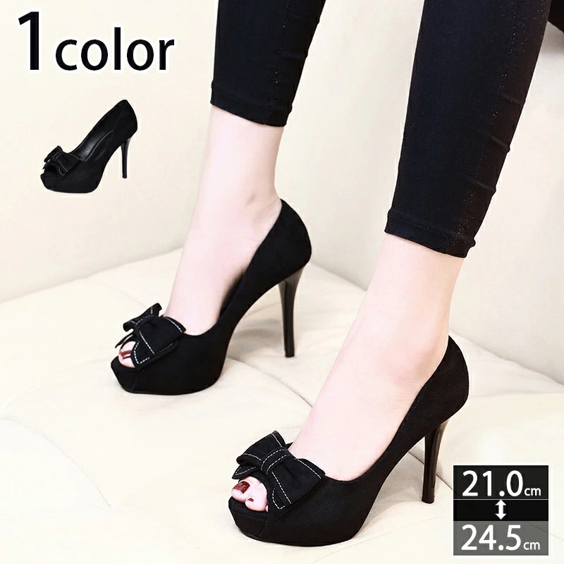 1000円OFFクーポン レディース ハイヒール パンプス リボン ストーム 靴 キャバパンプス 女性 フォーマル パーティー オープントゥパンプス 痛くない スエード調 インストーム 厚底パンプス